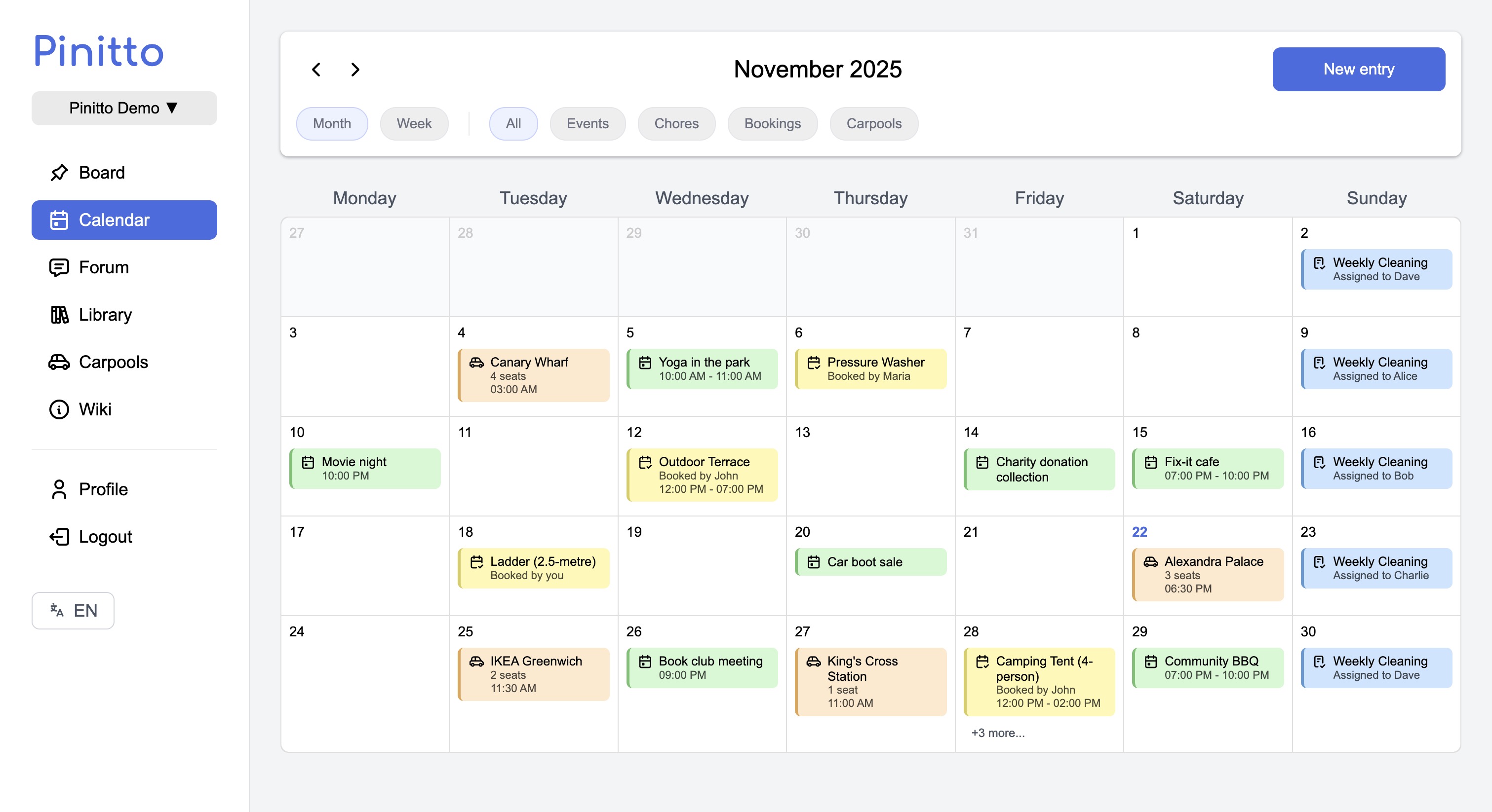 Pinitto calendar feature screenshot